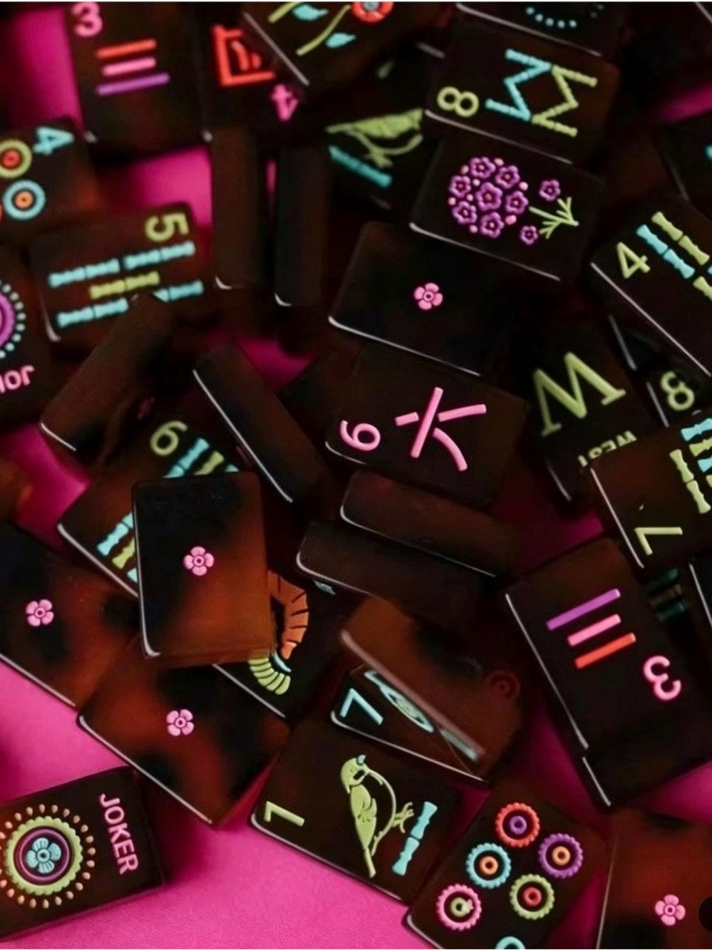 Tortoise Amber Neon Floral Mahjong/Domino Set - Amber with Pink & Teal Accents